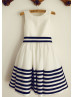 Ivory Taffeta Navy Blue Stripes Flower Girl Dress With Stripe Sash